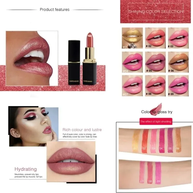 인어 매기 립스틱 9 색 오래 지속되는 반짝 이는 메탈릭 립스틱 진주 따뜻한 골드 도금 여성 립 화장품 변경