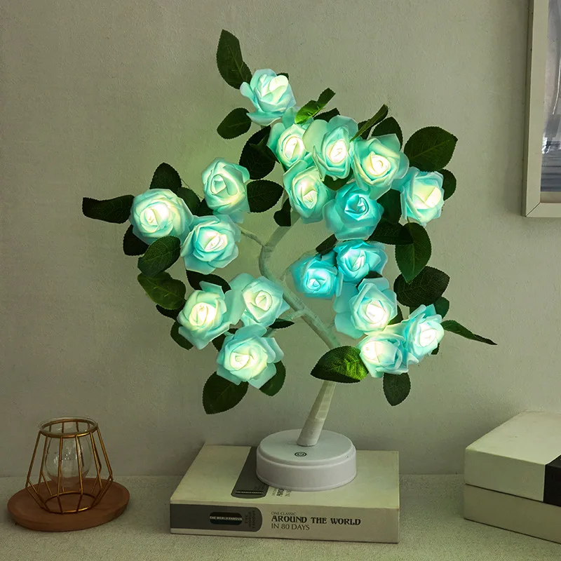 LED Rose Flower with leaf Table Lamp USB Christmas Tree Fairy Lights Night Lights Home Party Wedding Bedroom Decoration