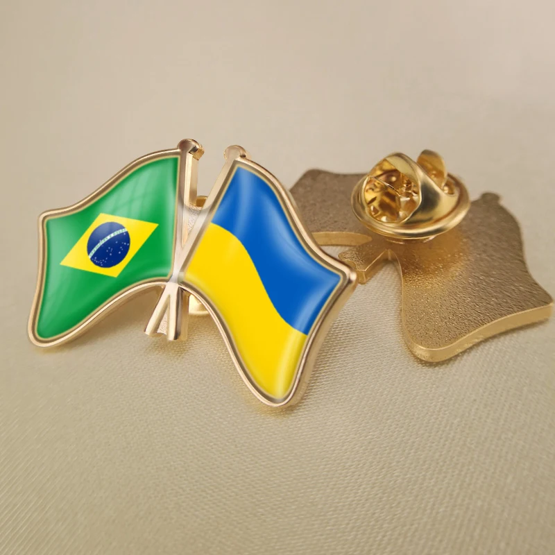 Brazil and Ukraine Crossed Double Friendship Flags Lapel Pins Brooch Badges