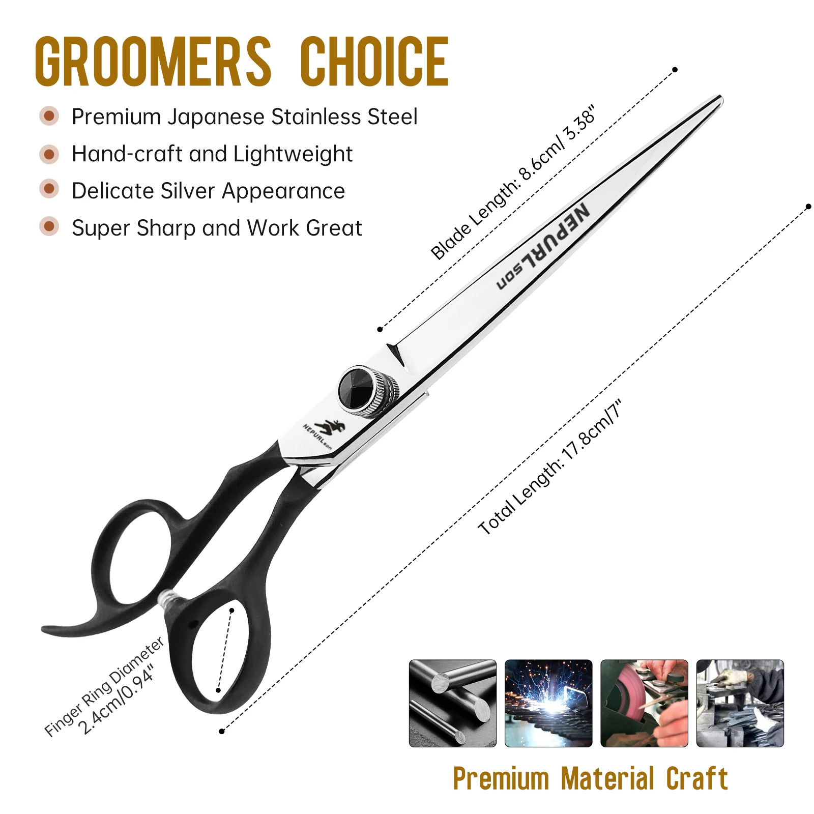 Professional JP440C 7.0inch Left hand black elastic paint handle straight Pet Cutting Grooming Scissors  Dog Scissors work great