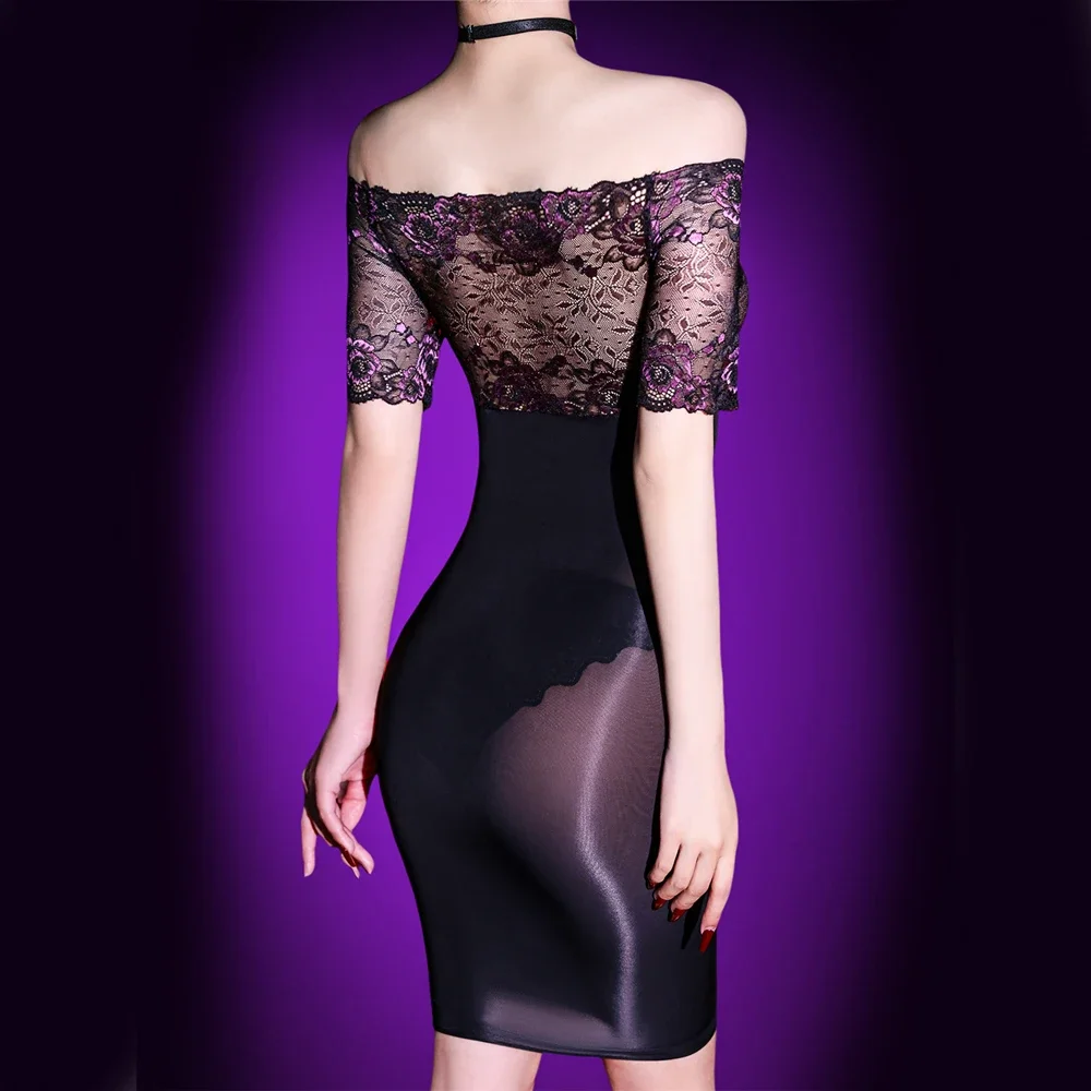 Sexy Women Lace Patchwork Micro Mini Dress 5D 912Pin Elastic Bodycon Dress Oil Shiny Off Shoulder Maid Thigt Cute Dress
