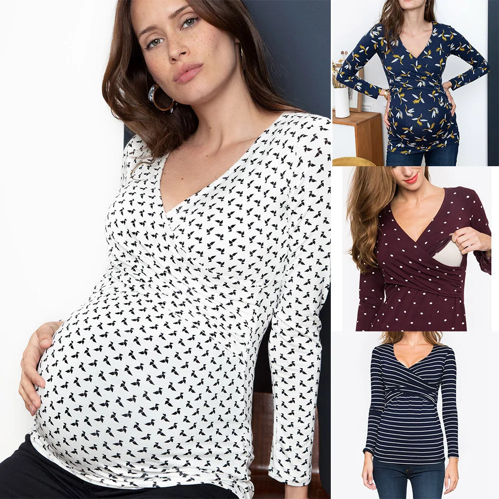 Pregnant Women Wear Soft Skin-friendly Spring Autumn Deep V-neck Long Sleeve Printed Cross Breastfeeding Care T-shirt