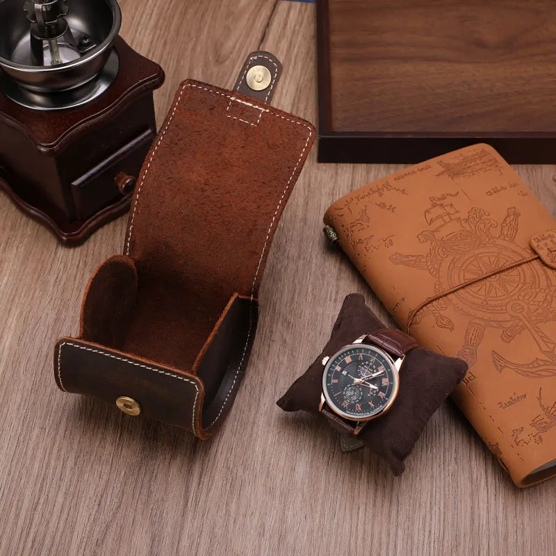 Watch Box 1-slots Retro Leather Cylindrical watch box case Portable Watch Storage Box single watch organizer UTHAI