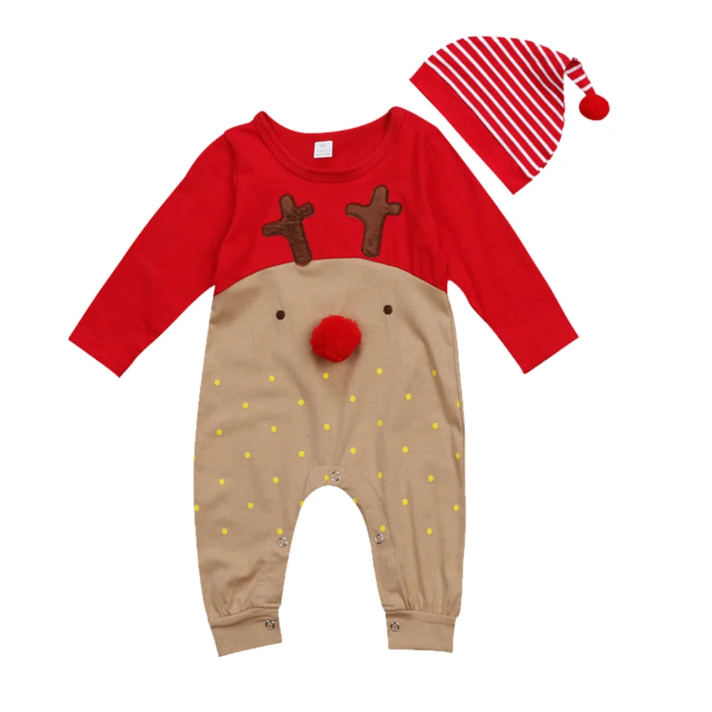 

Newborn Baby Boys Girls Christmas Long Sleeve Red Nose Cartoon Reindeer Pajama Jumpsuit Stripe Hat Bodysuit Set Suitable for 0-6
