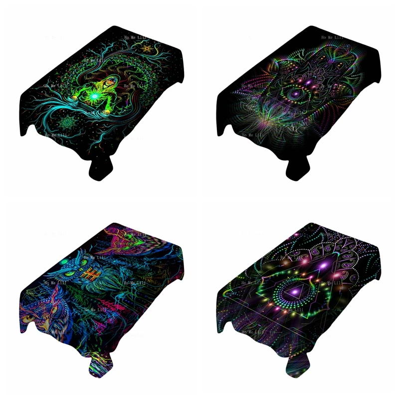 Shamanism Psychedelic Art Crystal Elves Owl Forest Line Leaf Moon Animal Bird Stain Resistant Tablecloth By Ho Me Lili