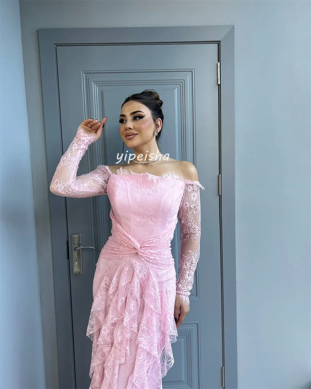 Vestidos largos personalizados a juego, exquisitos, clásicos, plisados de encaje, sirena fruncida, hombros descubiertos, vestidos para ocasiones a medida, elegantes