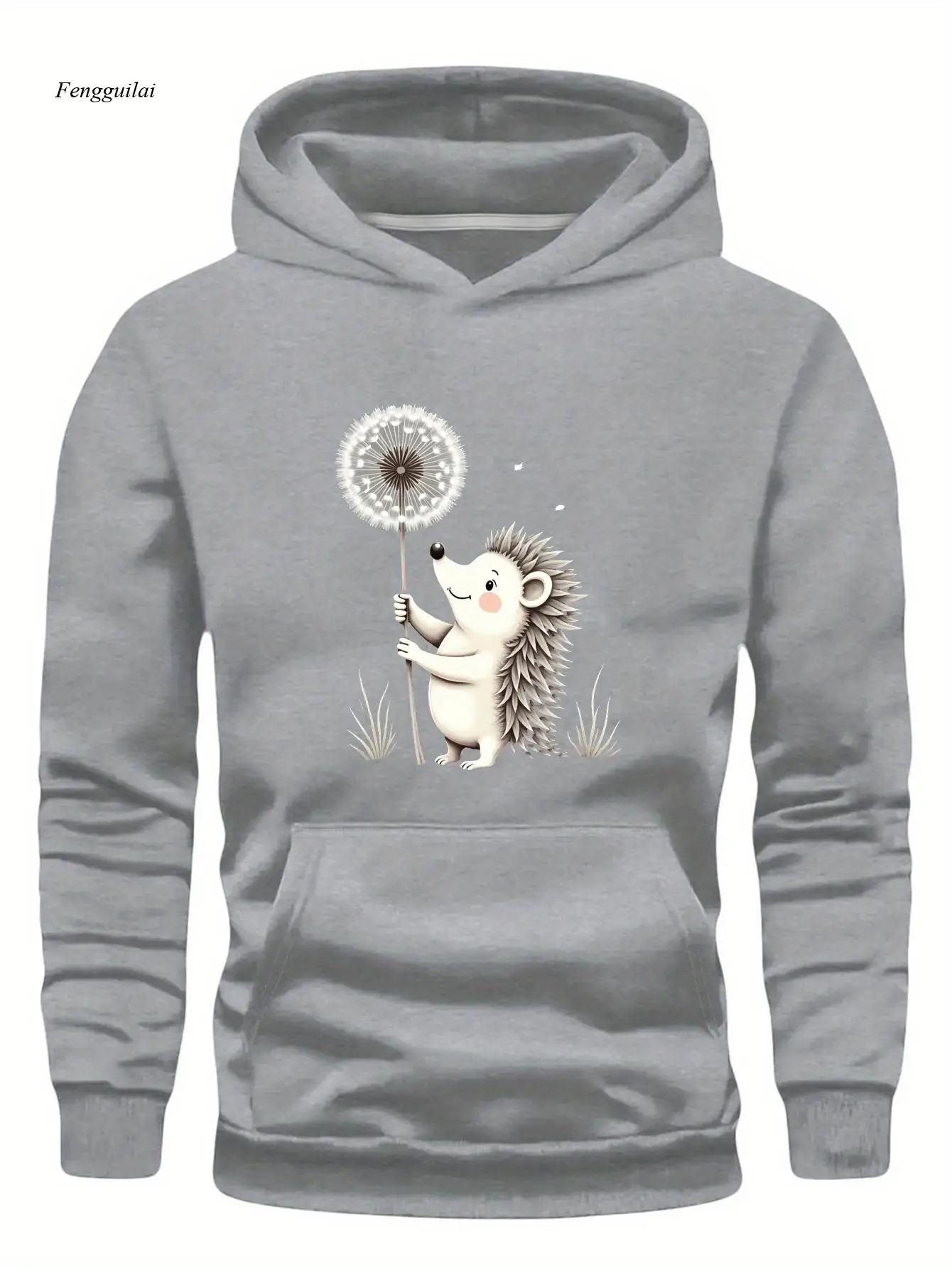 Sweat à capuche décontracté avec graphique hérisson et pissenlit – Noir, coupe ample, manches longues, tissu non extensible, motif géométrique