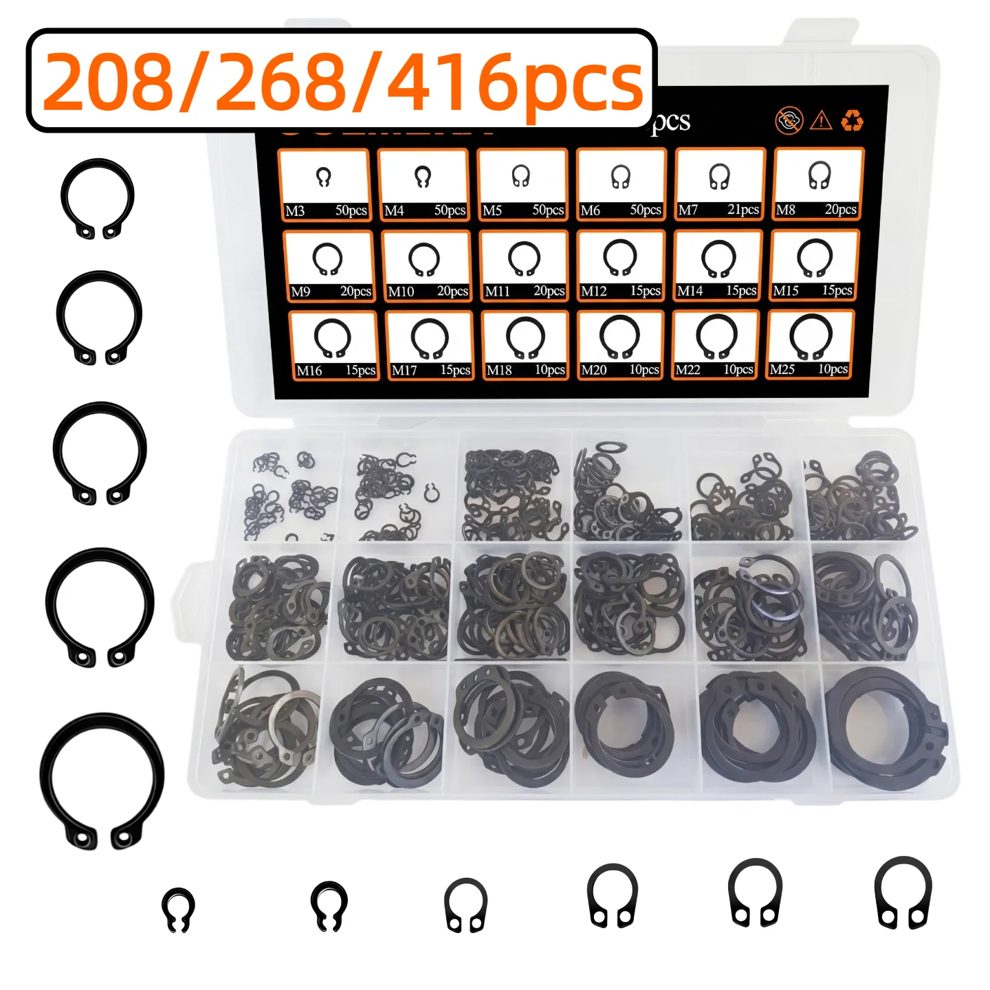 208/268/416pcs C Type External Circlip Snap Ring Kit M3-M25 Carbon Steel Retaining Clip Set for Shaft Bearing Axles Hardware