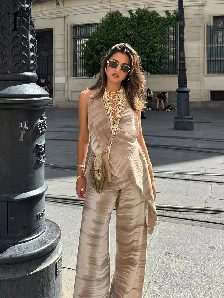 طقم بلوزة نسائية كاجوال كاجوال نسائية عارية الظهر مصبوغة بربطة عنق عتيقة بياقة على شكل V، بلوزة أنيقة برباط برباط عالي الخصر ببنطلون واسع الأرجل