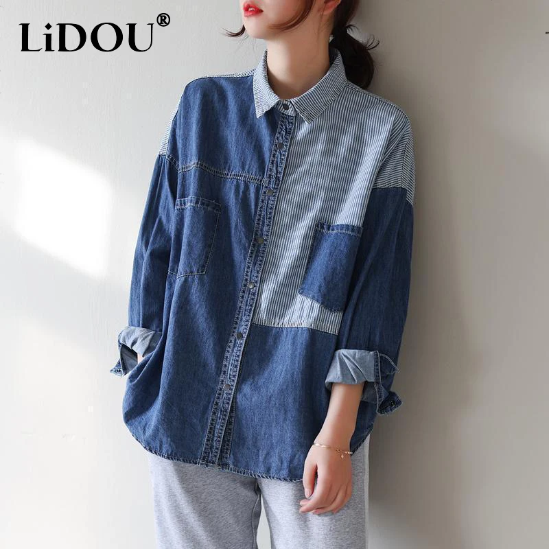 

Spring Autumn Casual Fashion Striped Patchwork Denim Shirt Lady Long Sleeve Loose All-match Button Up Blouse Top Women Cardigan