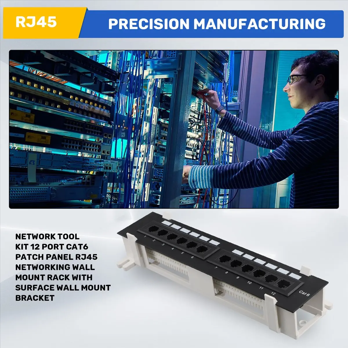 NewABNR Network Tool Kit 12 Port CAT6 Patch Panel RJ45 Networking Wall Mount Rack with Surface Wall Mount Bracket