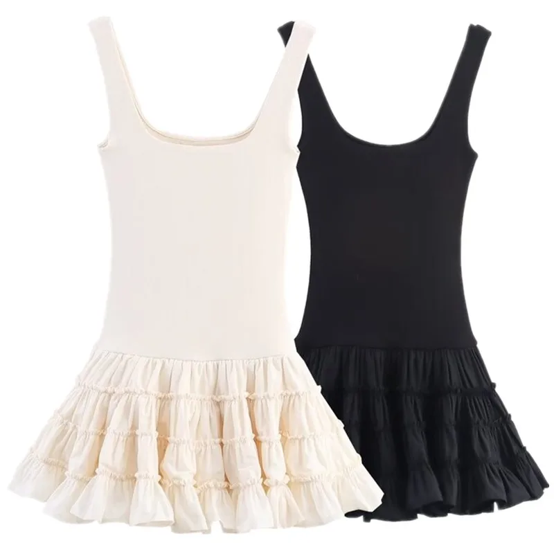 Vestido F de Outono Nova Coleção Versátil com Detalhes em Camadas e Decote Quad Sem Alças em Material de Aodão e...