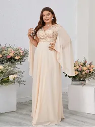 Plus Size V-neck Apricot Cape Floor-length Bridesmaid Holiday Evening Dress 4XL 5XL Big Size Wedding Party Shining Evening Dress