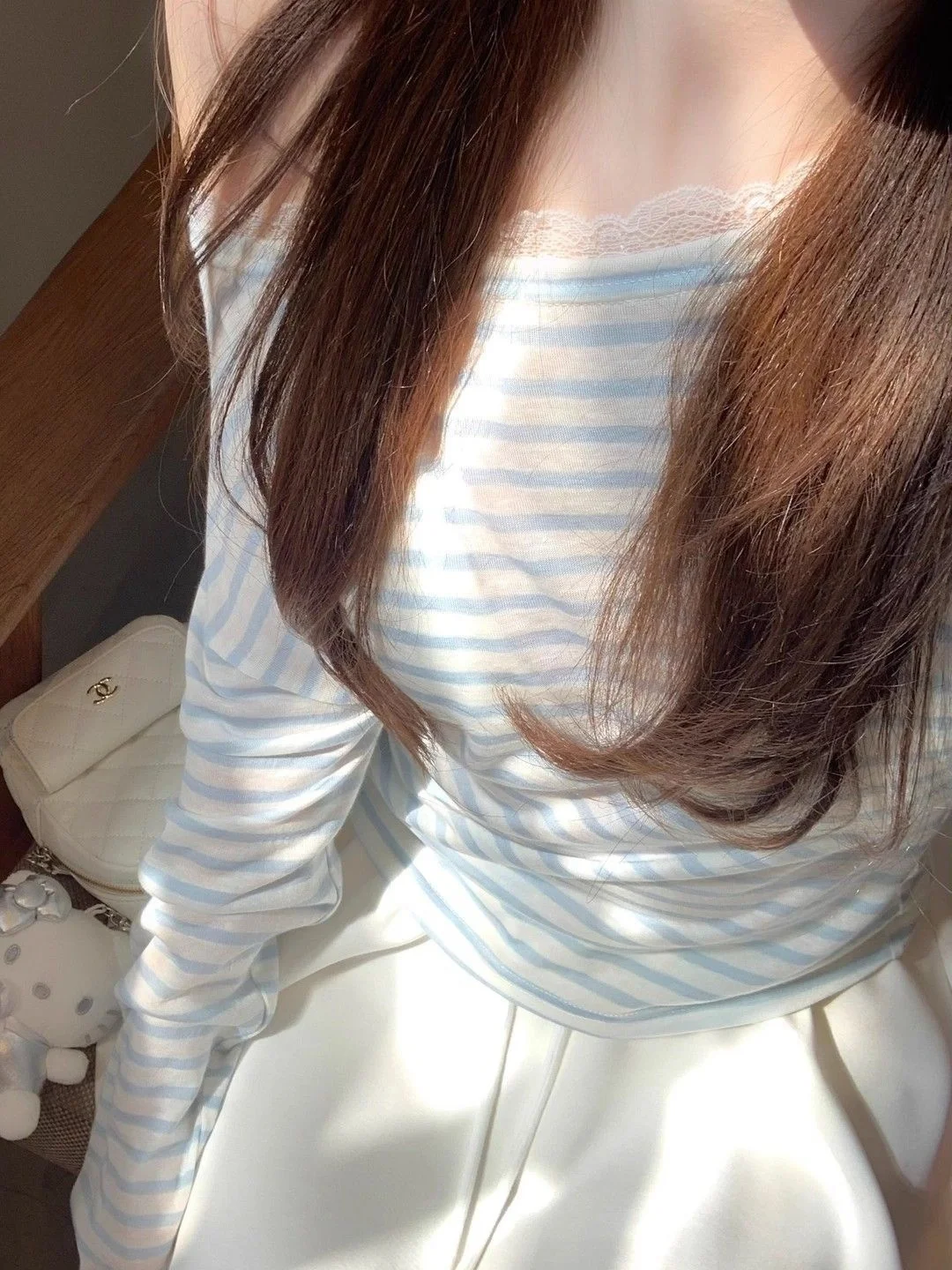 

Blue Striped Long Sleeve T-Shirt Women's Lightweight Sun Protection Cover up Shoulder Bared Lazy Style Anti-Aging Top