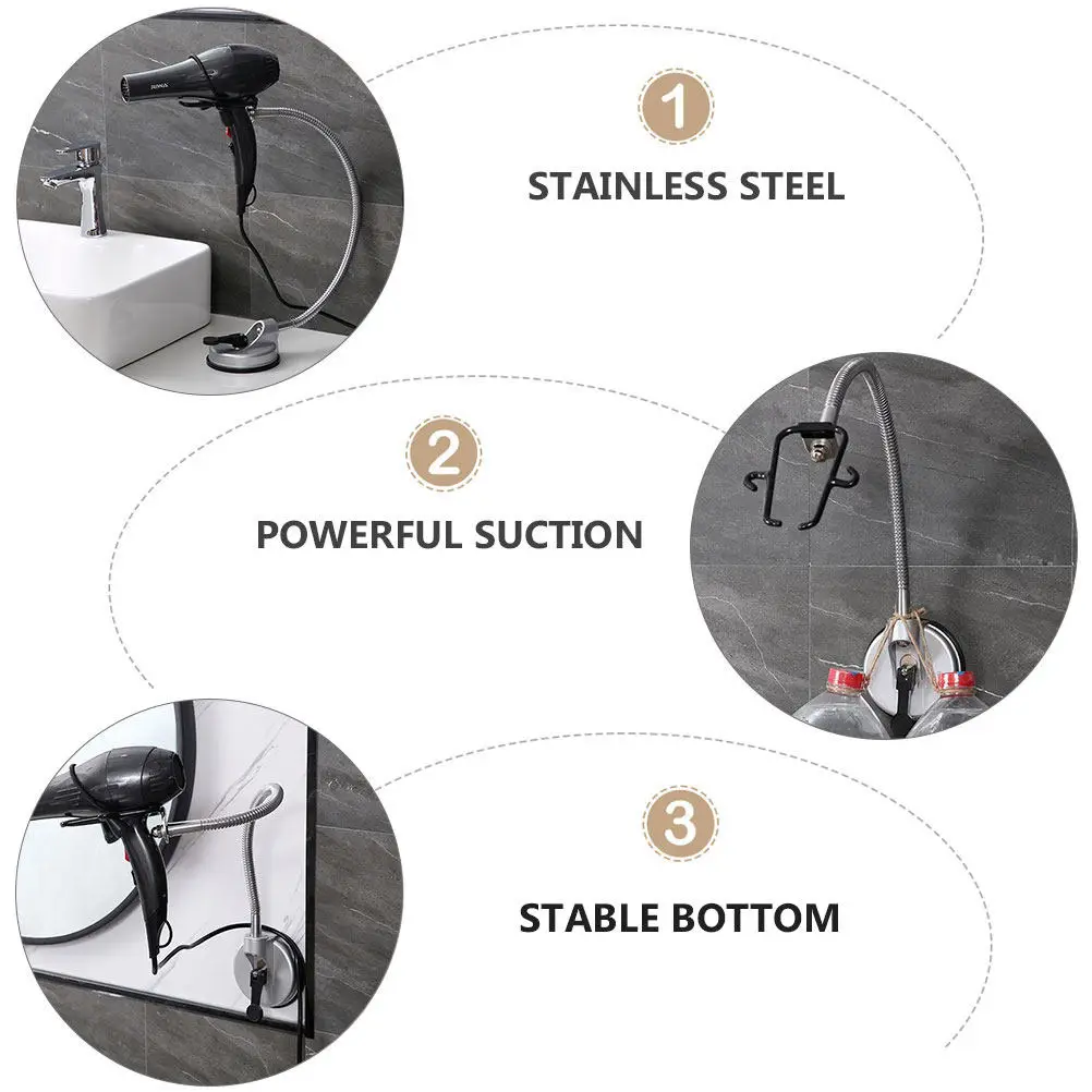 Rotating Hands Free Hair Dryer Holder Stainless Steel Goose Neck Arm Suction Cup Strong Load Capacity Stand Storage Rack