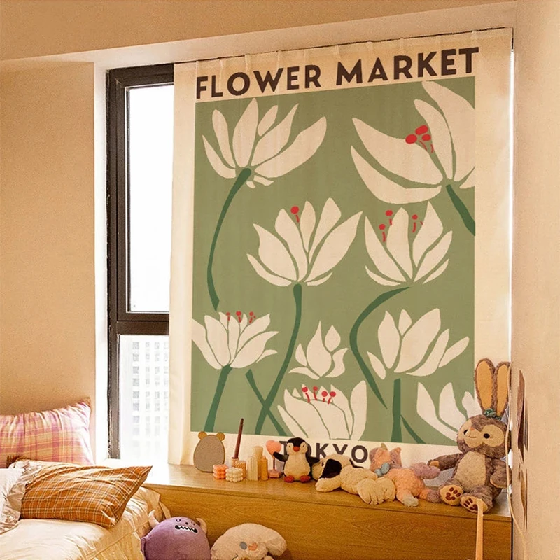 Artistic Flower Door Curtain Fabric Cotton Linen Partition Bedroom Household Paste Curtain Multipurpose Hole Free Blackout Cloth