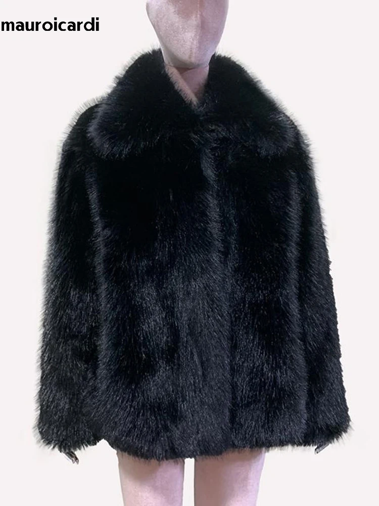 Mauroicardi Winter Oversized Soft Thickened Warm Black Hairy Shaggy Faux Fur Coat Women Turn-down Collar Fluffy Jacket Cardigan