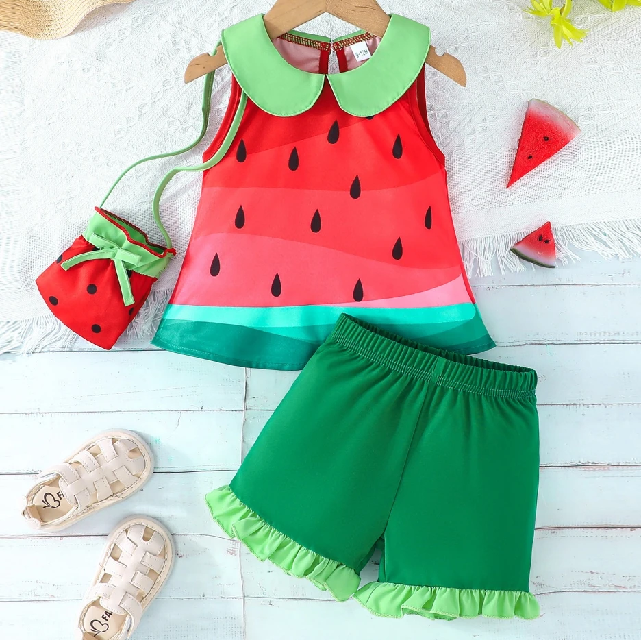

Cute Baby Girls Summer Outfits Watermelon Print Doll Collar Tank Tops Elastic Ruffles Shorts Crossbody Bag Set Costume