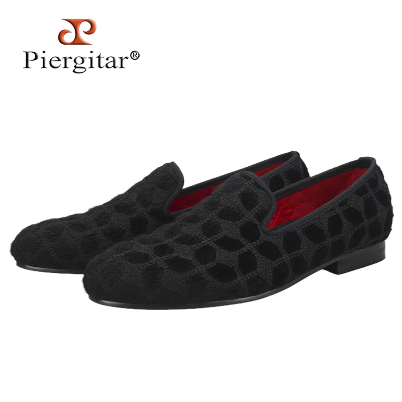 Piergitar Italian Dandy Style Solid Geometry Black Cotton Slip-On Loafers Handmade Men's Smoking Slippers For Fashion Gala Wear