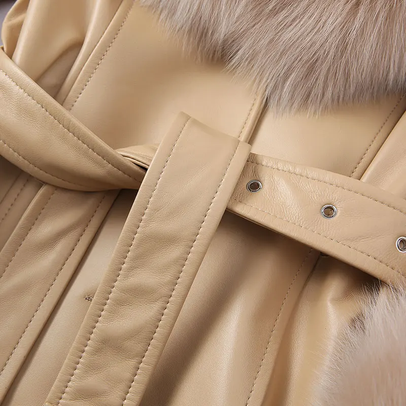 Women Genuine Leather Trench Coat Detachable Collar Cuff Leather Jacket Long Lady Autumn Winter Outerwear With Fox FG7930B