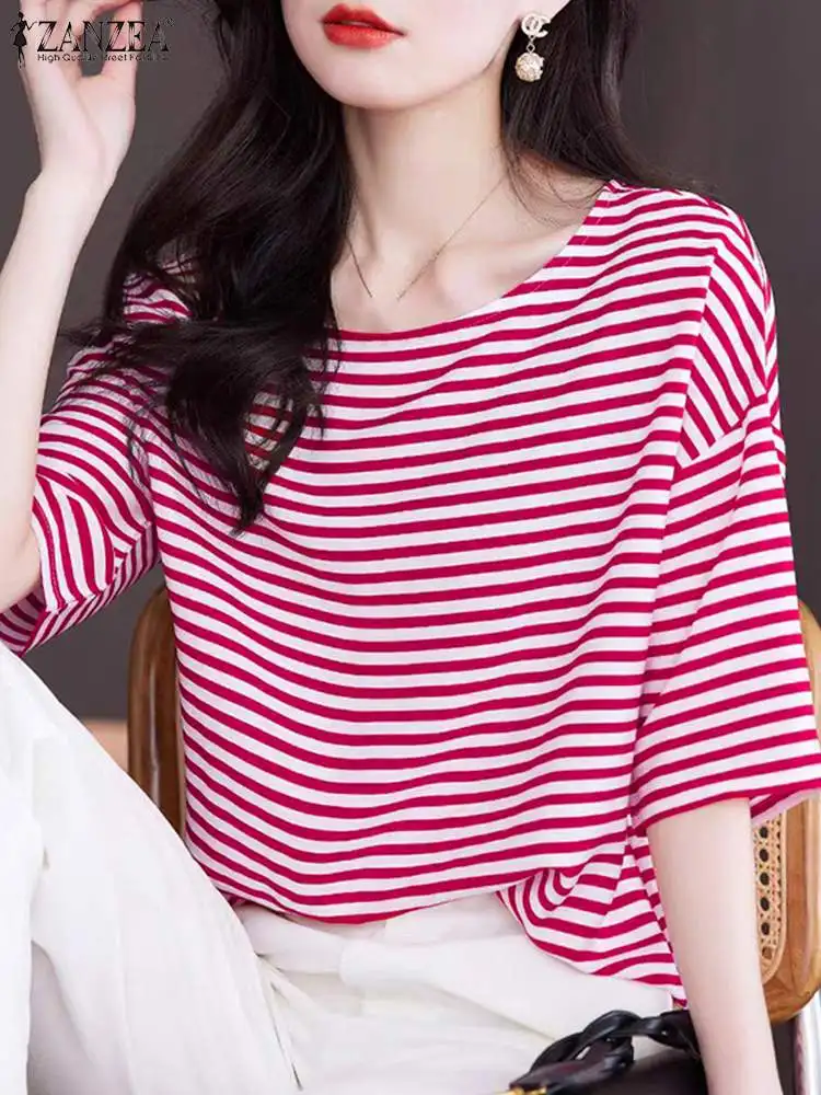 ZANZEA Korean Half Sleeve Tops Casual Women Stripes Blouse 2024 Summer Fashion Holiday Round Neck T-shirt Harajuku Office Blusas