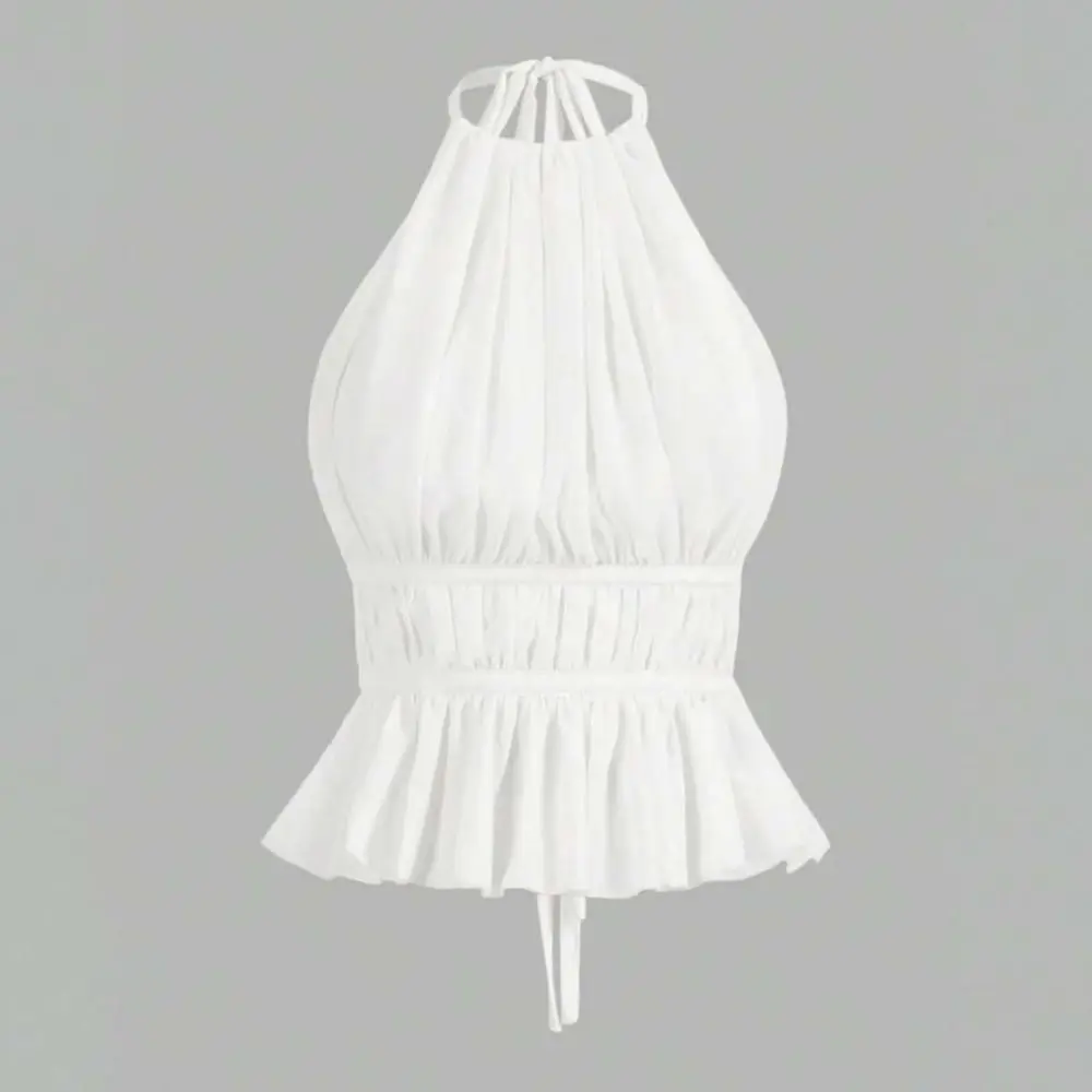 

Breathable Sleeveless Lace-up Camisole Halter Pleated Chiffon Vest Tops Beach Wear Solid Color Women's Crop Top Beach