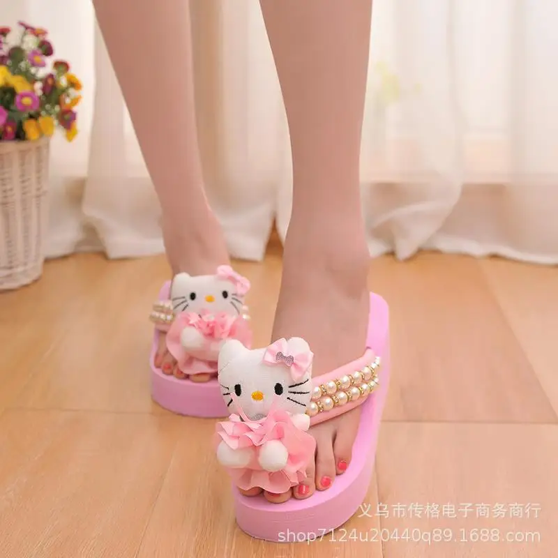 Sanrio Kawaii Hello Kitty Doll Wedges Slipper Women\'s Fashion High Heels Flip Flops Leisure Slides Platform Sandals Female