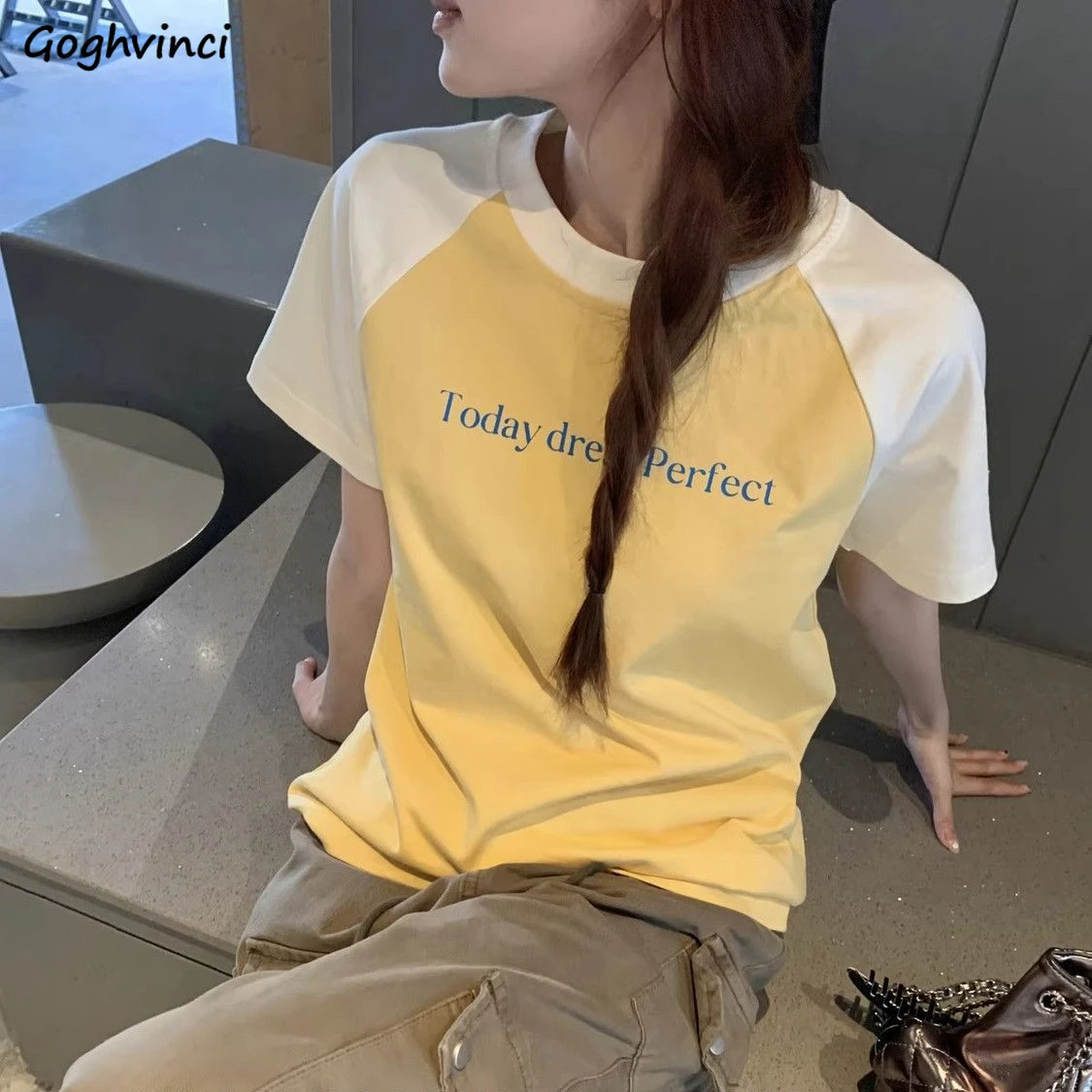 T-shirts Women Patchwork Letter Printed Loose Tops Summer Korean Style Sweet Age-reducing Y2k Attractive Casual Students Daily