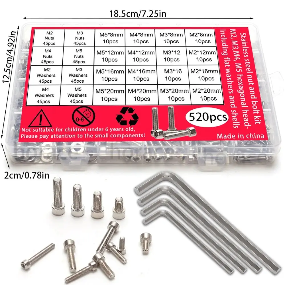 520 PCS Stainless Steel Hex Nut And Bolt Set M2 M3 M4 M5 Hex Heads with Flat Washers And Wrench for DIY Craft And Home Repair