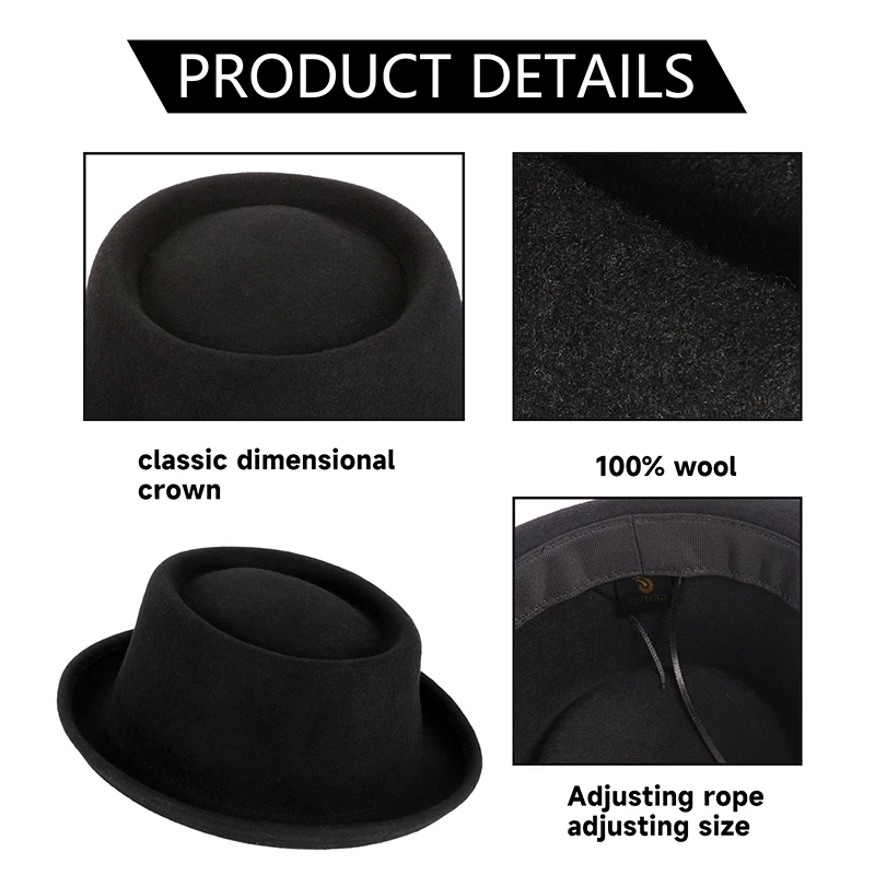 GEMVIE 100% Wool Felt Pork Pie Hat Women Men Porkpie Hat Curved Brim Pork Pie Wool Hat Unisex Autumn Winter Fedora Hat