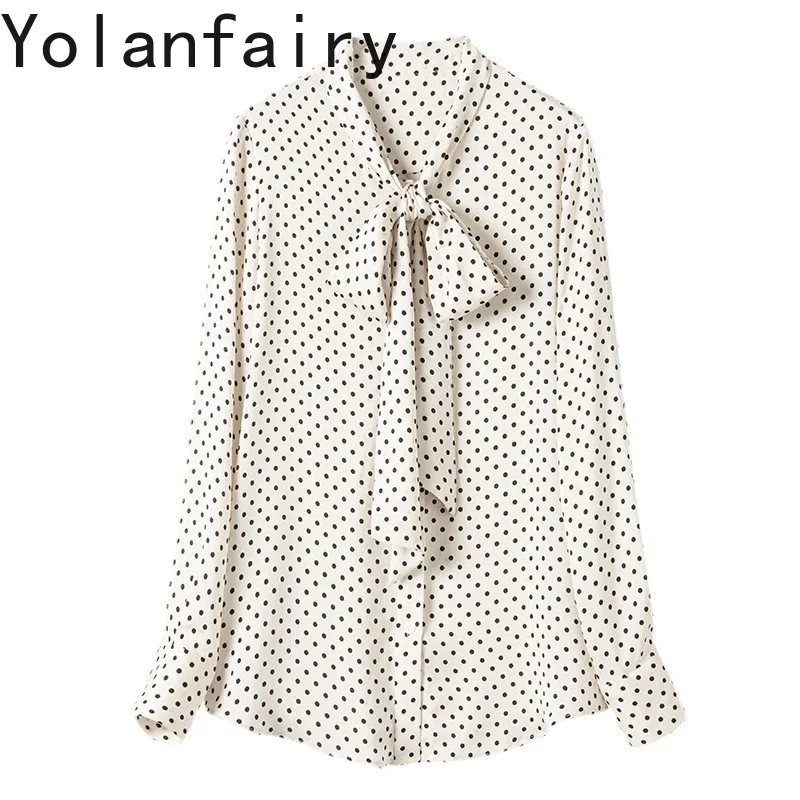

YOLANFAIRY 23MM 93% Натуральный шелк тутового шелкопряда, элегантная женская блузка 2026 года, модная рубашка в горошек с длинным рукавом, женские топы и блузки с бантом