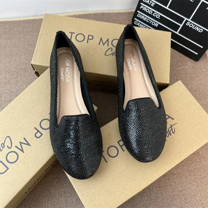 Rhinestone Shiny Loafers Shoes for Women Casual Streetwear Silver Flats Shoes Luxury Diamond Soft Black Ladies Shoes on Offer