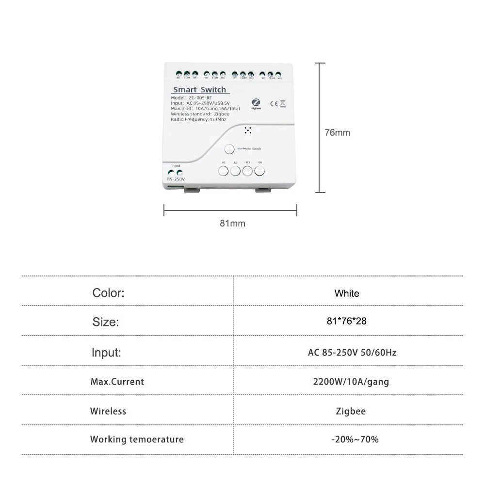 Módulo de interruptor de luz inteligente Tuya Zigbee, controlador de interruptor remoto de 4 canales, relé de CA 85-250V 10A, funciona con Alexa, Google Home, Smart Life