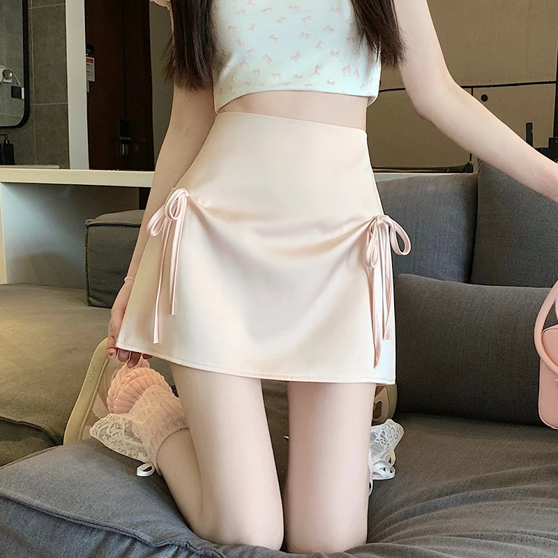 

Bow tie black half skirt for women's summer anti glare high waisted A-line skirt pink buttocks short skirt