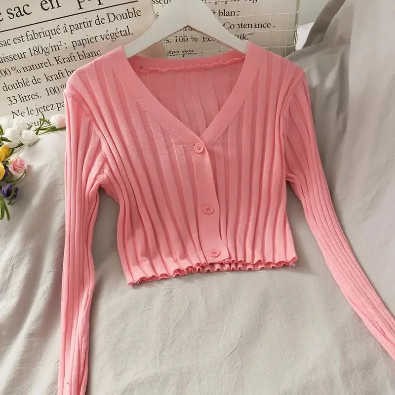 

2024 New Women's Acrylic Long Sleeve V-Neck Button-Down Slim Cropped Ribbed Knit Cardigan Thin Solid Stretch Top Knitwear