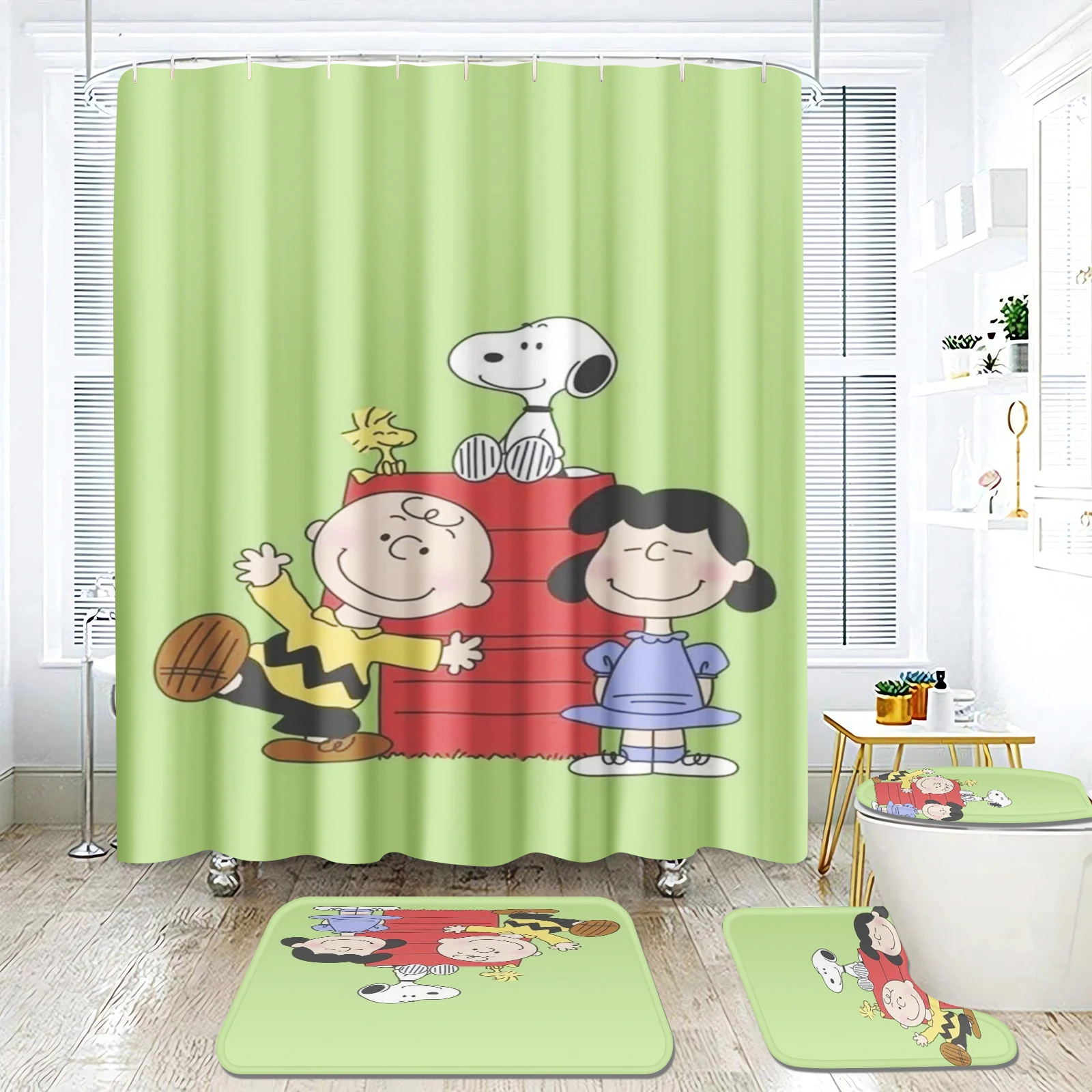 Snoopy Shower Curtain Bath Mats, Various Sizes, Kawaii Bathroom Cartoon, Great Gift for Kids, 100% Polyester, 4 Piece Set