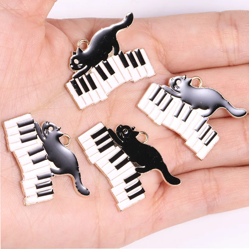 10Pcs/Lot Enamel Cartoon Series Cat Pendant Punk Style Piano Notes Animal Charm DIY Necklace Bracelet Jewelry Making Accessories