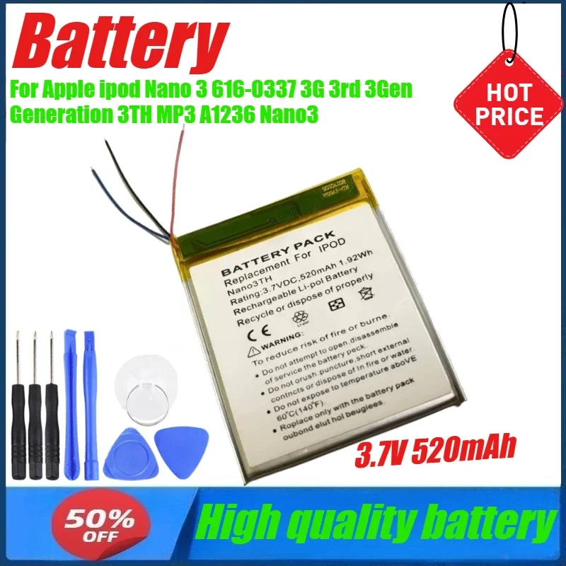 3.7V 520mAh Battery for Apple Ipod Nano 3 616-0337 3G 3rd 3Gen Generation 3TH MP3 A1236 Nano3 Battery +Tool