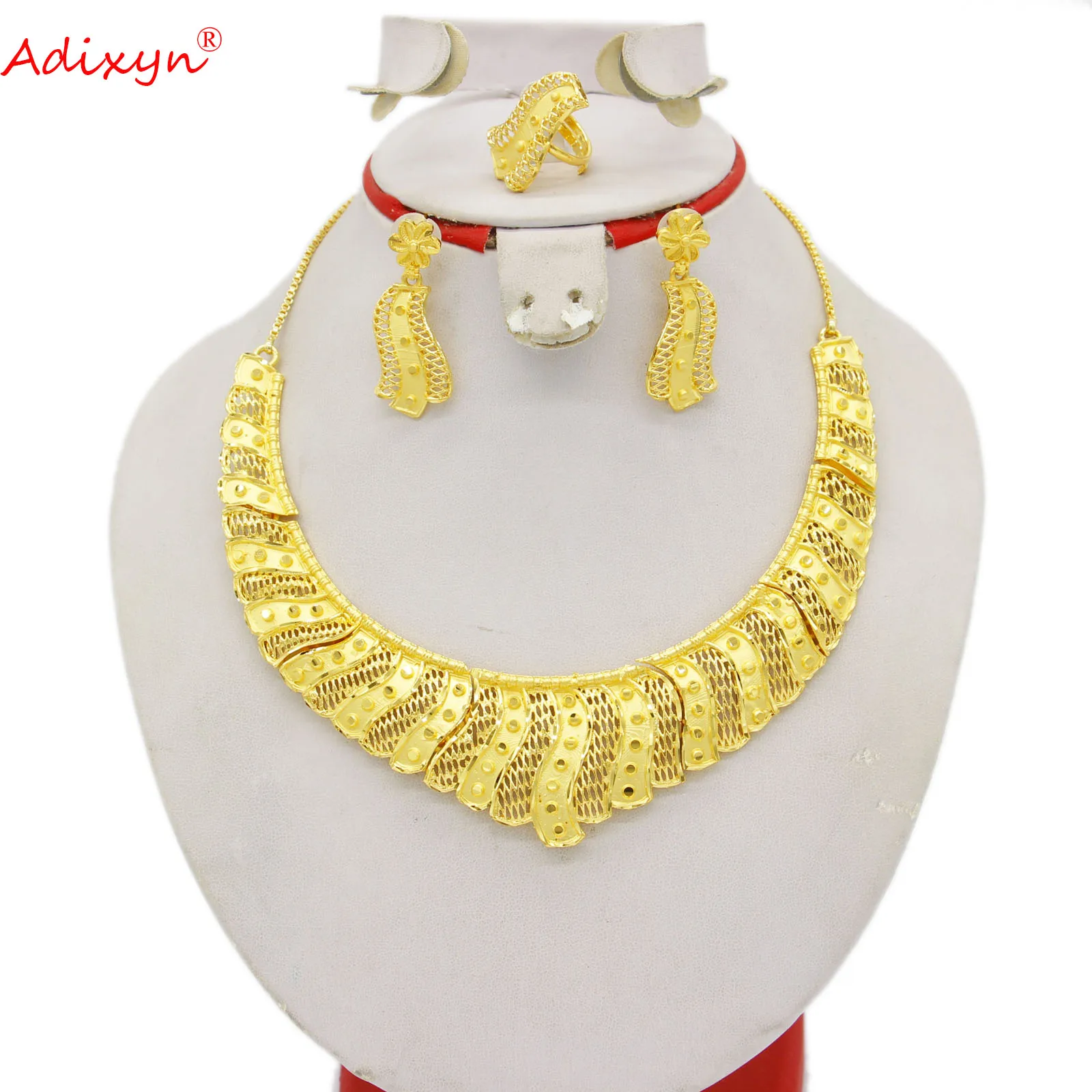 Adixyn Dubai jewelry sets for women 24k gold color earrings necklace rings set for women african middle east indian jewelry