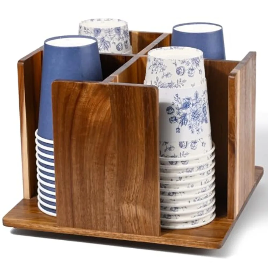 

Wooden 4-Compartment Coffee Cup and Lid Organizer Square Countertop Cup Dispenser Holder for Coffee Bar Restaurant Buffet Break