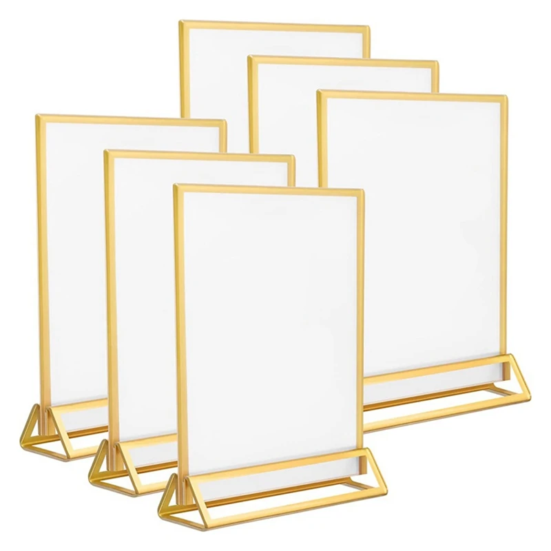 

6Piece Sign Holder Clear Acrylic With Gold Borders And Vertical Stand, Double Sided Table Holders For Wedding