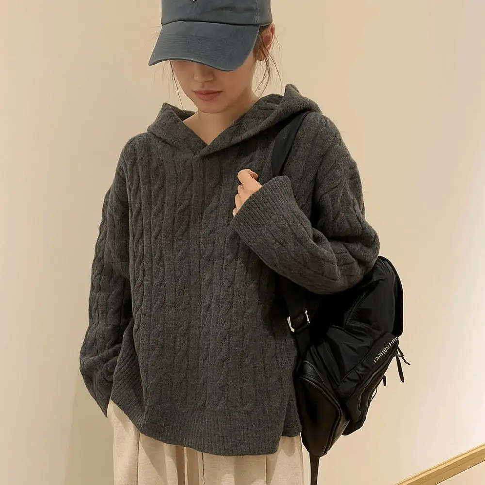 

Эстетические вязаные толстовки с длинными рукавами, повседневные свободные толстовки с капюшоном, пуловеры, простой вязаный свитер с капюшоном для женщин