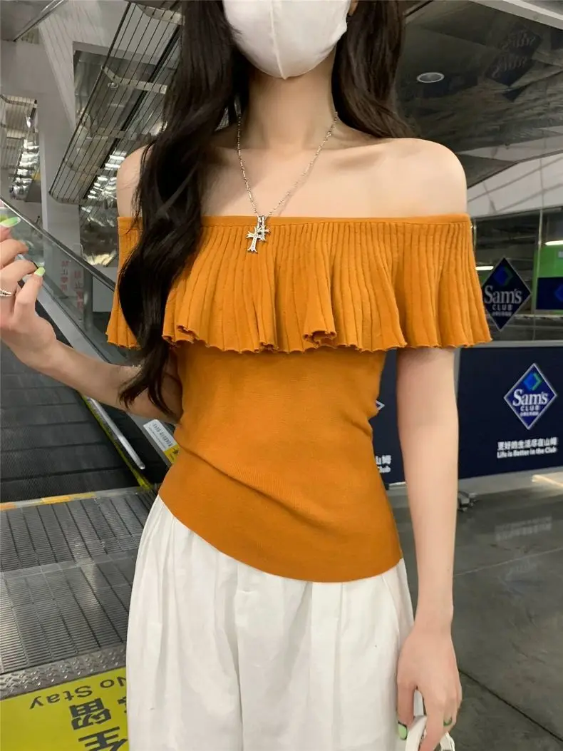 Niche Temperament Off Shoulder Draped Ruffle Design Knit Top Women's Summer Thin Patchwork Fashion Tee