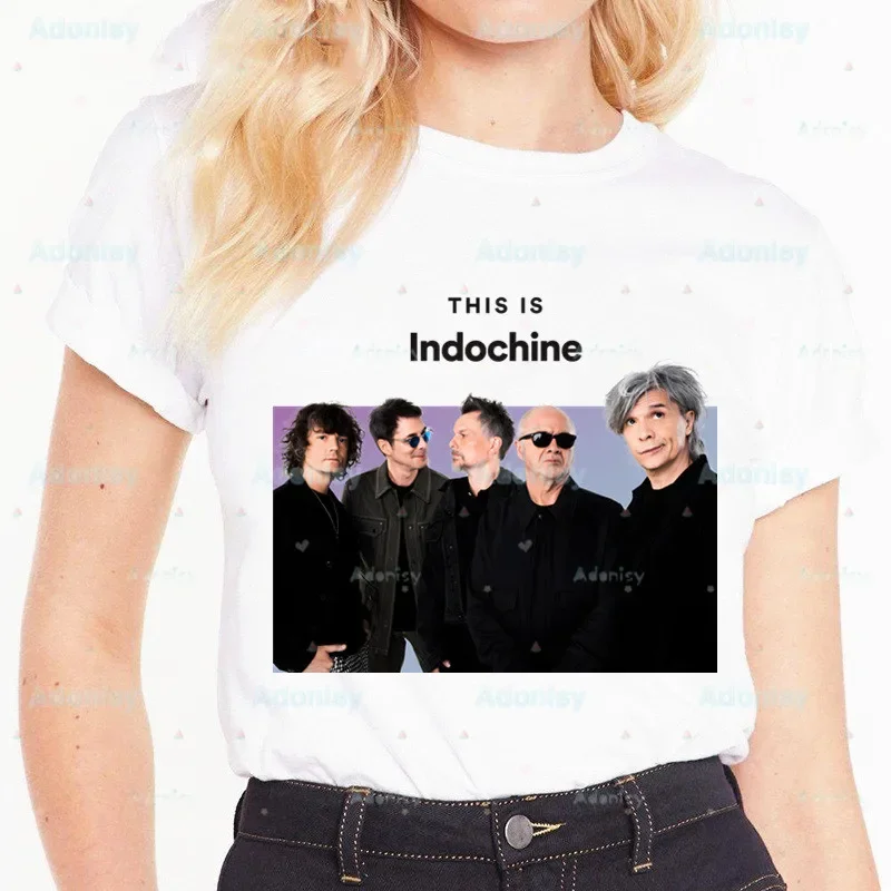 Indochine เสื้อยืดพิมพ์ลายสไตล์ป๊อปผู้หญิง, เสื้อเชิ้ตบนสไตล์ร็อคสไตล์ลำลองแขนแขนสั้นคอกลม