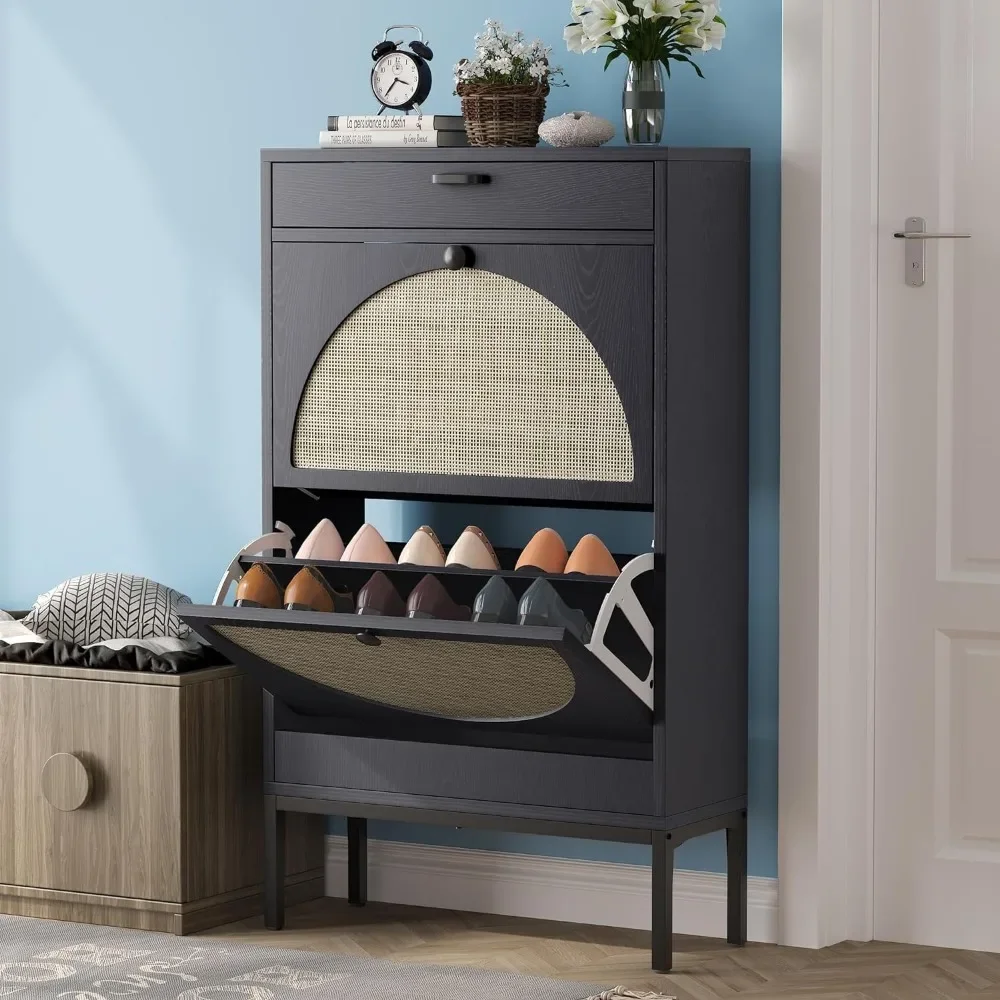 

Shoe Cabinet, Natural Rattan Weave Shoe Storage Cabinet for Sneakers, Shoe Rack Storage Organizer with 2 Flip Drawers