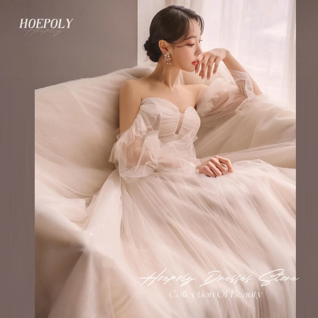 Hoepoly Ivory A Line Simple 웨딩드레스 Sweetheart Korea Wedding Dress Ruched Floor Length Corset Tulle Wedding shoot dress 셀프웨딩드레스