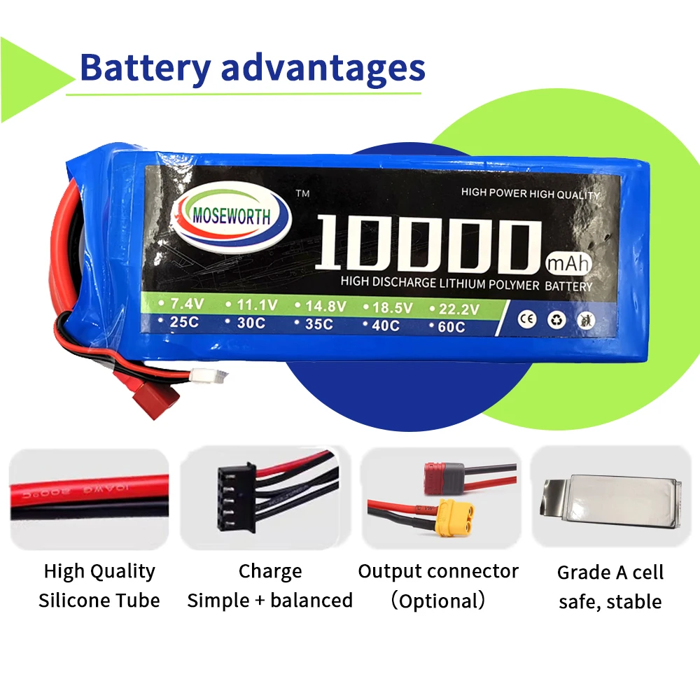 Lipo Battery 7.4V 11.1V 14.8V 18.5V 22.2V 2S 3S 4S 5S 6S 10000 12000 16000 22000mAh 25C RC LiPo Batteries RC Car Drone Ariplane