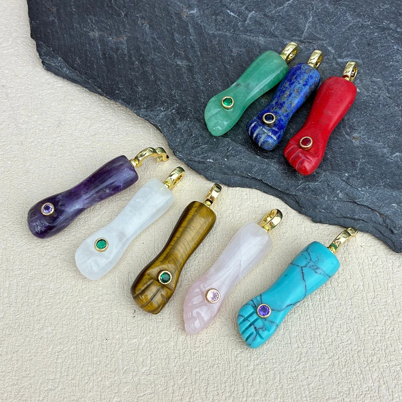 Fist Arm of Courage Hand Pendant Natural Gemstone Amethyst Turquoise Necklace Pendant for For Jewelry Making Craft