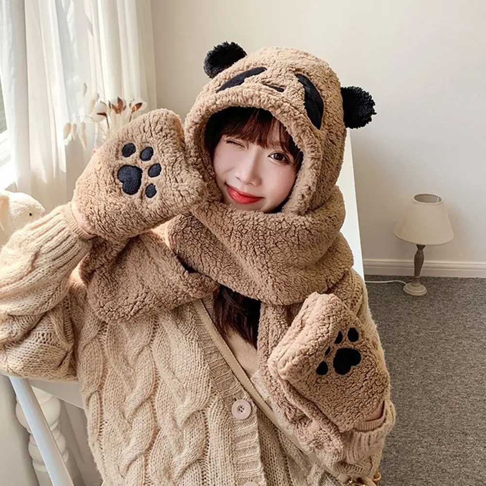 2023 Fashion Panda Beanies Caps Winter Warm Hat Casual Plush Hat Scarf Gloves Set Casual Faux Fur Women Caps