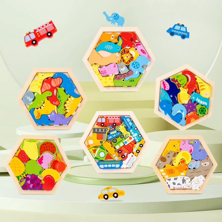 Houten Blok Puzzel Creatieve Driedimensionale Cartoon Dier Puzzel Bouwstenen Dinosaurus Kinderen Vroege Educatie Speelgoed